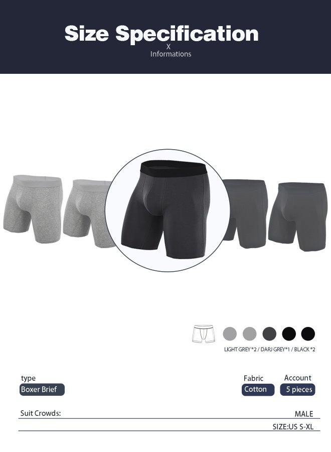 Men's 5-Pack Boxer Briefs - Mid-Rise, Anti-Chafing Stretch Cotton, Breathable Athletic Underwear in Assorted Colors (Black/Gray/Light Grey) - Available in L - Image 5