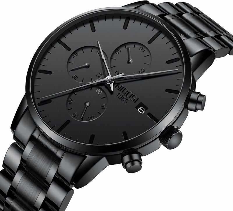 NIBOSI Men's Watches Analog Minimalist Black Dial Watches for Men Business Chronograph Military Casual Wrist Watches Stainless Steel Strap Date - Image 2