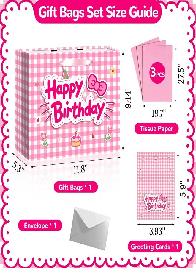 TQQBUU 12" Pink Birthday Gift Bags for Girls, with Cute Greeting Card and Tissue Paper for Party, Cat Party Favor Bag Cartoon Bag for Kids Baby Shower Party Favors Supplies, 11.8"×9.4"×5.3" - 1Pcs - Image 4
