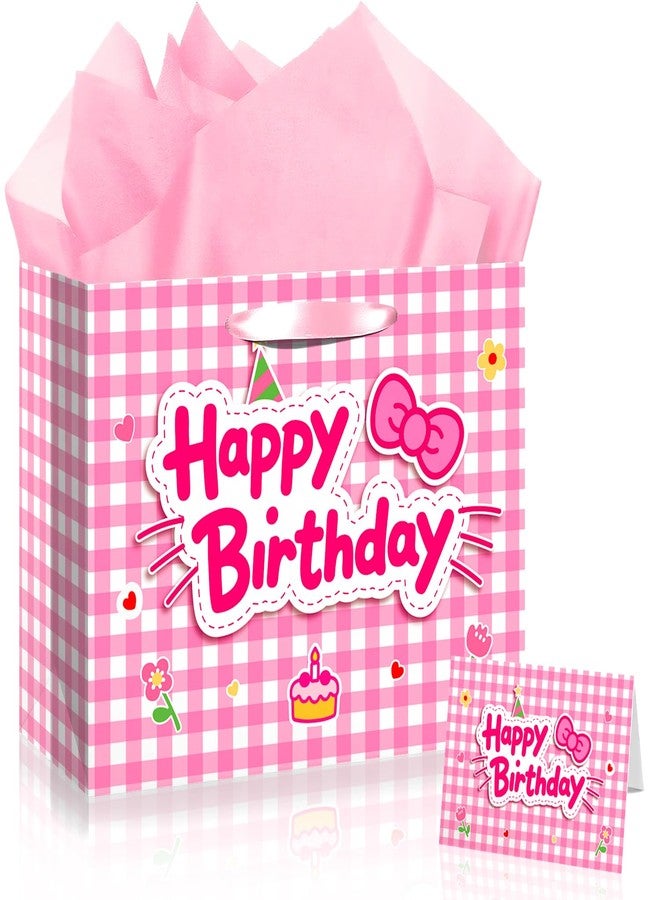 TQQBUU 12" Pink Birthday Gift Bags for Girls, with Cute Greeting Card and Tissue Paper for Party, Cat Party Favor Bag Cartoon Bag for Kids Baby Shower Party Favors Supplies, 11.8"×9.4"×5.3" - 1Pcs - Image 1