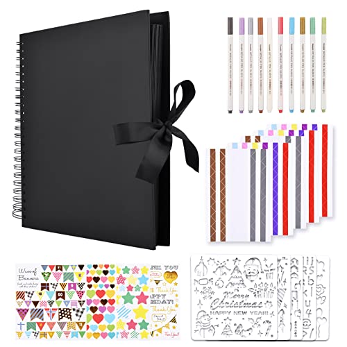 GOTIDEAL 12 x 12 Inch Scrapbook Album with 10 Metallic Markers,80 Pages Craft Paper Photo Album for Wedding and Anniversary, Family DIY Photo Album with Scrapbooking Stickers Corners(Black) - Image 1