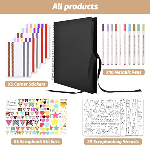 GOTIDEAL 12 x 12 Inch Scrapbook Album with 10 Metallic Markers,80 Pages Craft Paper Photo Album for Wedding and Anniversary, Family DIY Photo Album with Scrapbooking Stickers Corners(Black) - Image 2