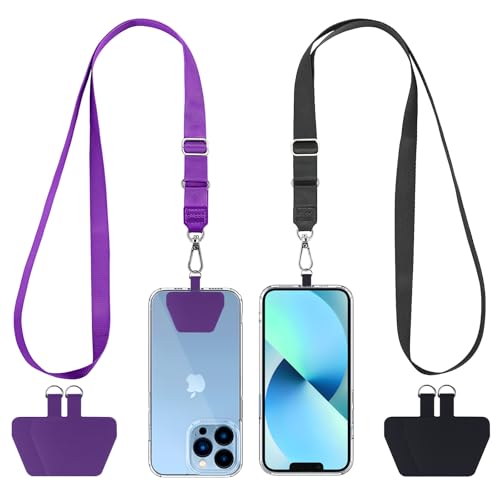 CACOE Phone Lanyard 2 Pcs Adjustable Neck Strap,4 Pcs Patches,Universal Crossbody Multifuctional Polyester Lanyards Compatible with Most Smartphones(Black+Purple) - Image 1
