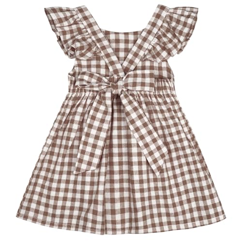 AGQT Little Girls Plaid Dress Gingham Fly Sleeve Backless Summer Dresses Spring Smocked Birthday Easter Dresses Khaki Size 5-6T - Image 1