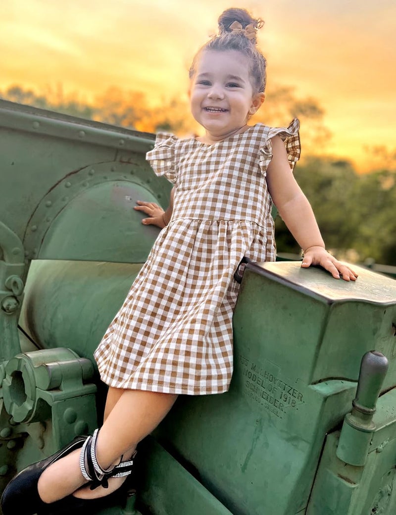 AGQT Little Girls Plaid Dress Gingham Fly Sleeve Backless Summer Dresses Spring Smocked Birthday Easter Dresses Khaki Size 5-6T - Image 3
