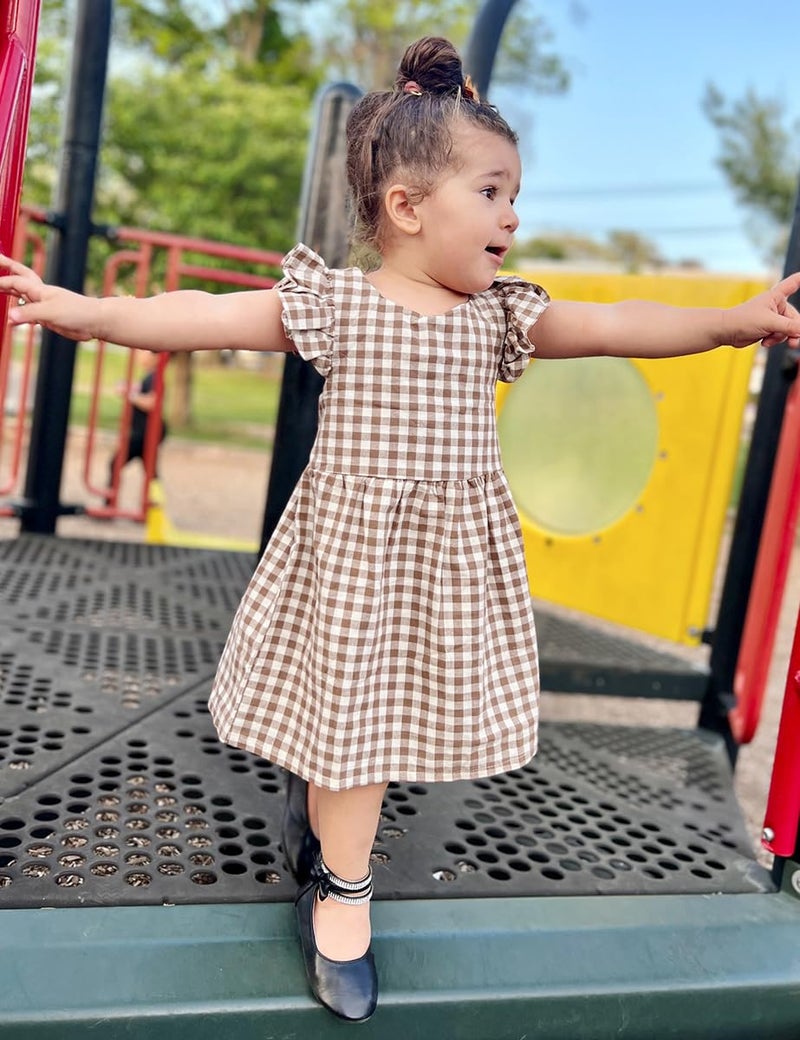 AGQT Little Girls Plaid Dress Gingham Fly Sleeve Backless Summer Dresses Spring Smocked Birthday Easter Dresses Khaki Size 5-6T - Image 2