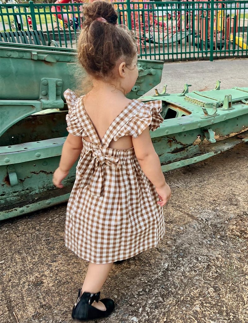 AGQT Little Girls Plaid Dress Gingham Fly Sleeve Backless Summer Dresses Spring Smocked Birthday Easter Dresses Khaki Size 5-6T - Image 4