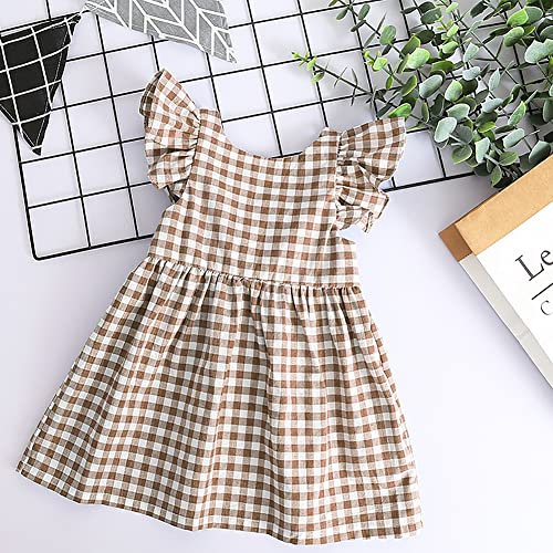 AGQT Little Girls Plaid Dress Gingham Fly Sleeve Backless Summer Dresses Spring Smocked Birthday Easter Dresses Khaki Size 5-6T - Image 5