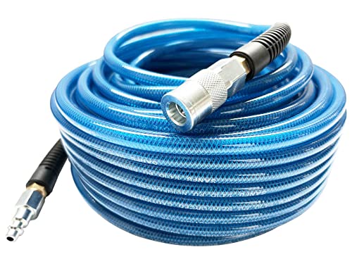SANFU (PU) Polyurethane Reinforced Air Hose 1/4”ID(6.3 x 9.8mm) x 100ft, Anti-low temperature 300PSI with 1/4-Inch Swivel Solid Brass Quick Coupler and Plug, Navy Blue(100’) - Image 1