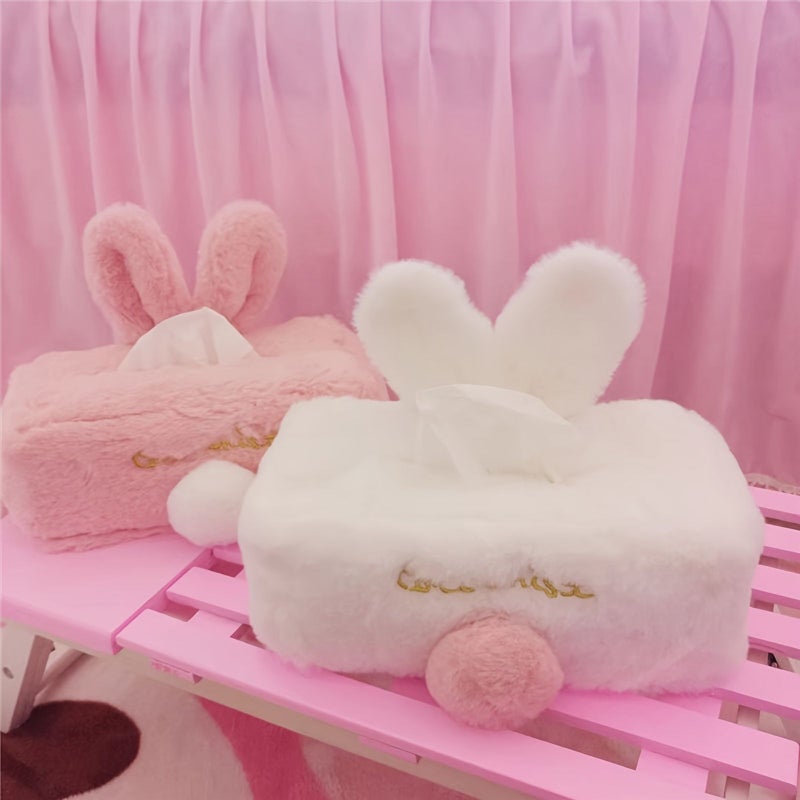1pc Plush Rabbit Tissue Box Cartoon Cute Long Ears Cloth Cover Pink Car Decor Home Living Room Kitchen Bathroom Bedroom Office Accessories - Image 1