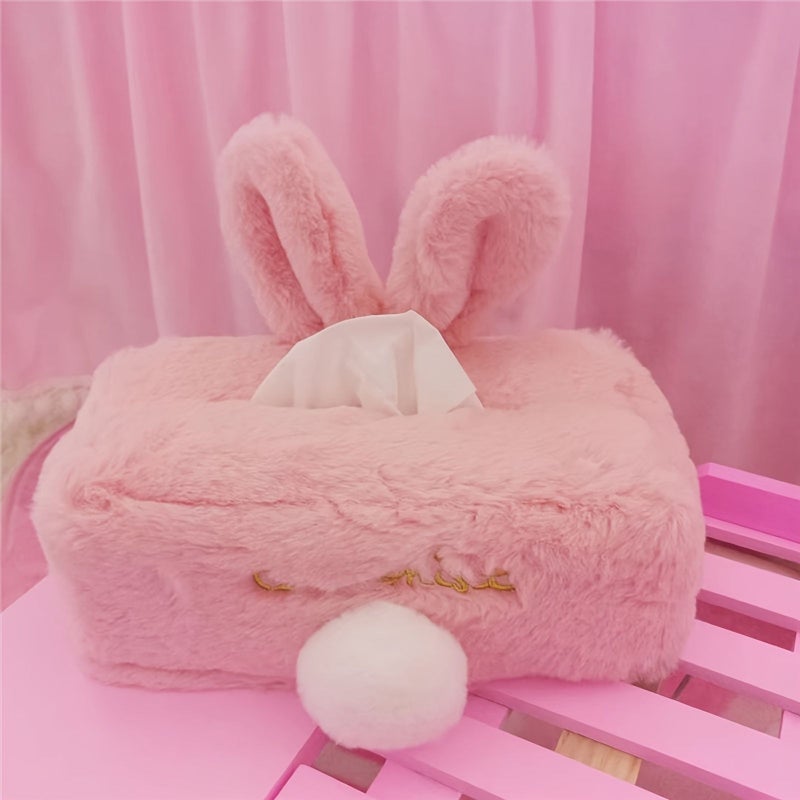 1pc Plush Rabbit Tissue Box Cartoon Cute Long Ears Cloth Cover Pink Car Decor Home Living Room Kitchen Bathroom Bedroom Office Accessories - Image 2