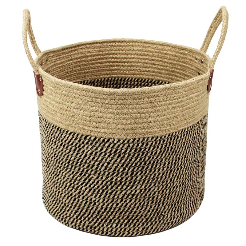 Casaphoria Jute Large Basket Woven Storage with Handles  Natural Jute Laundry Basket for Towels Blanket Home Decor14 x 14 x 12 pack of 1 Black and Jute