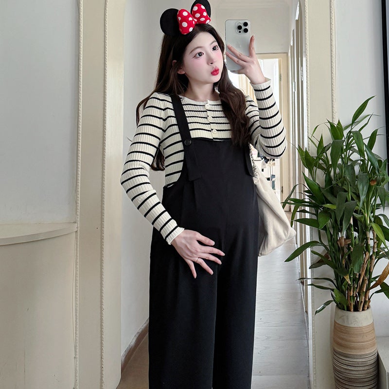 Pregnant Womens Wear Overalls Loose Casual Straight Pants Slimming Trousers Long Sleeve Striped Top suit Trendy striped base
