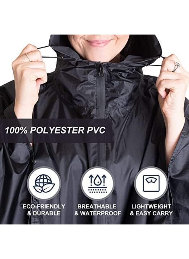 معطف واق من المطر بغطاء للرأس، مقاوم للماء، جاكيت واق من المطر شديد التحمل للتخييم، مقاوم للماء وخفيف الوزن للبالغين، عسكري، طوارئ، تخييم، رجال، نساء، أسود/كبير - Image 4