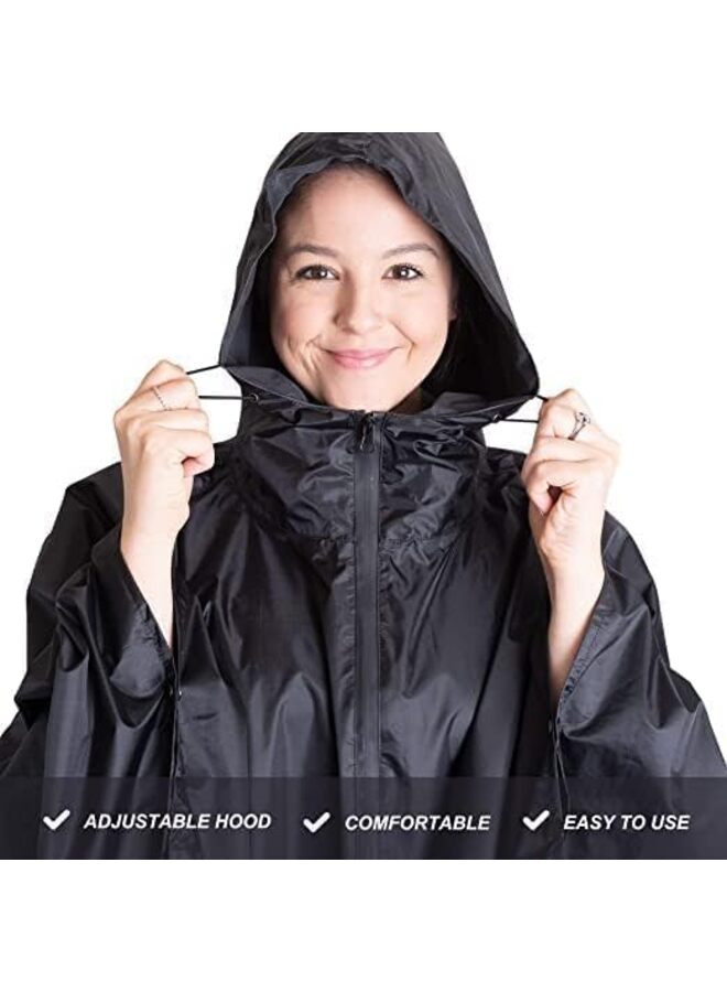 معطف واق من المطر بغطاء للرأس، مقاوم للماء، جاكيت واق من المطر شديد التحمل للتخييم، مقاوم للماء وخفيف الوزن للبالغين، عسكري، طوارئ، تخييم، رجال، نساء، أسود/كبير - Image 2