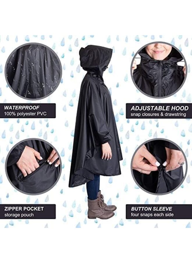 معطف واق من المطر بغطاء للرأس، مقاوم للماء، جاكيت واق من المطر شديد التحمل للتخييم، مقاوم للماء وخفيف الوزن للبالغين، عسكري، طوارئ، تخييم، رجال، نساء، أسود/كبير - Image 3