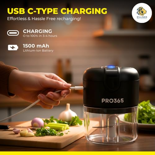 PRO365 Premium Electric Food Chopper | USB Cordless Mini Chopper | Stainless Steel Blades | One-Touch Operation | Food-Grade Bowl | For Garlic, Onion, Vegetables, Meat & Nuts | Black - Image 3