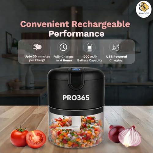PRO365 Premium Electric Food Chopper | USB Cordless Mini Chopper | Stainless Steel Blades | One-Touch Operation | Food-Grade Bowl | For Garlic, Onion, Vegetables, Meat & Nuts | Black - Image 2