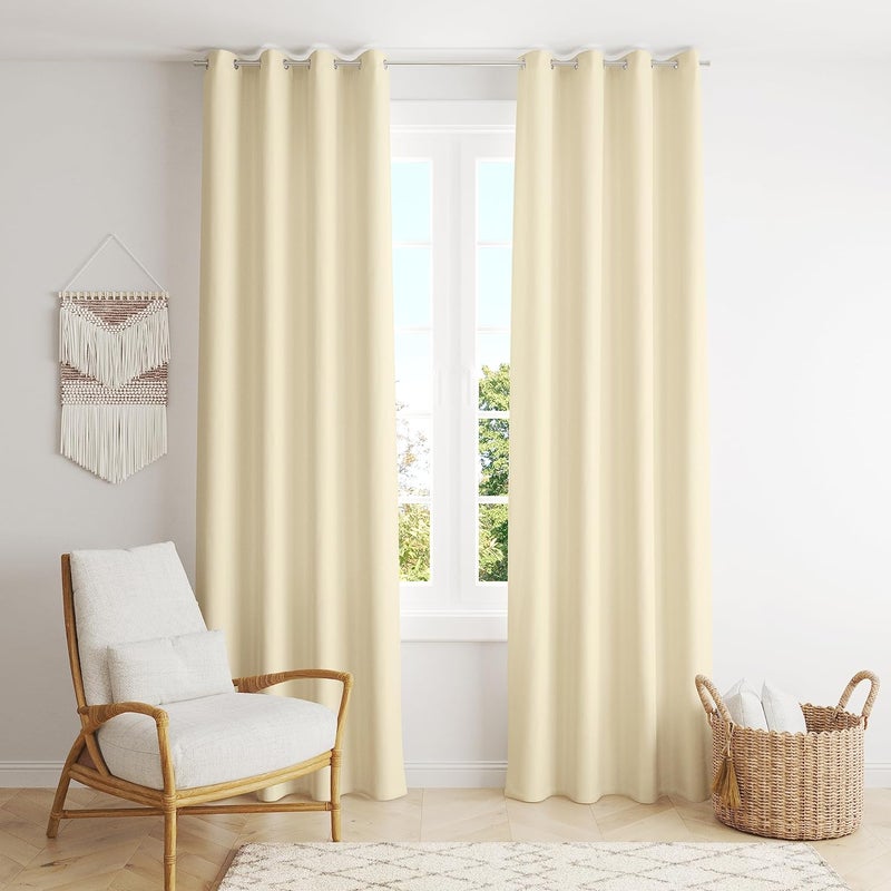 Parda Online Premium Blackout Curtains Set of 2 - 5 Feet, Off White, Eyelet with Tie Back - Image 1