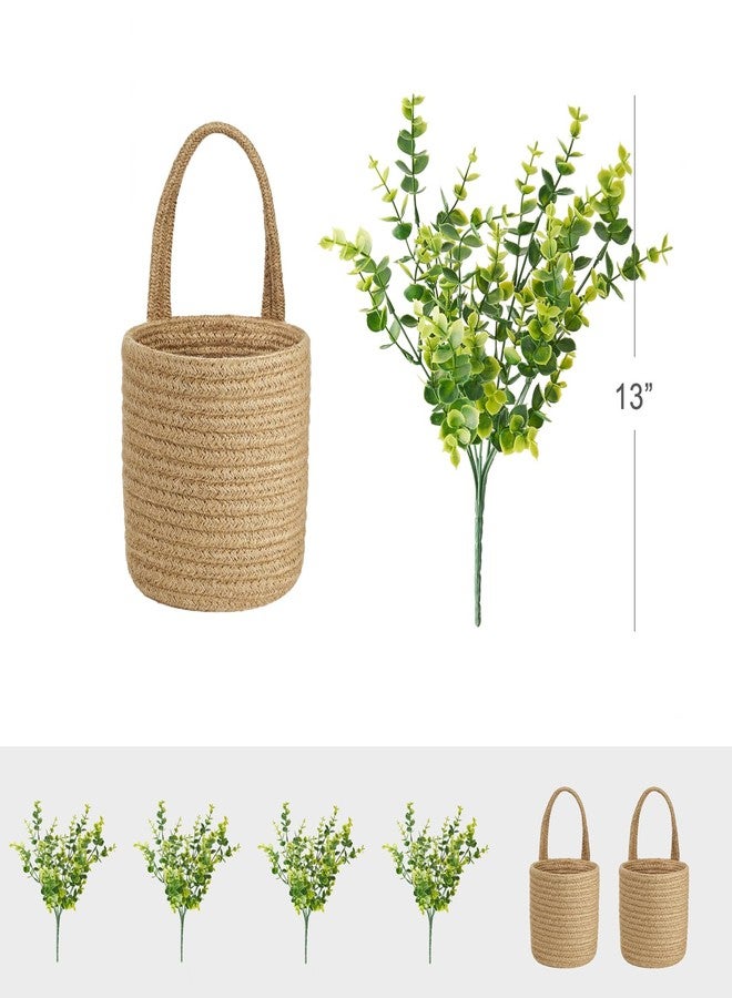 Dahey 2 Pack Small Wall Hanging Rope Basket with Artificial Eucalyptus Farmhouse Decor, Jute Woven Storage Organizer Flower Plants Basket Set Rustic Wall Decor for Porch Living Room Bedroom Entryway - Image 5