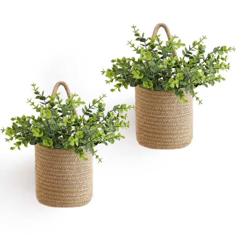 Dahey 2 Pack Small Wall Hanging Rope Basket with Artificial Eucalyptus Farmhouse Decor, Jute Woven Storage Organizer Flower Plants Basket Set Rustic Wall Decor for Porch Living Room Bedroom Entryway - Image 1