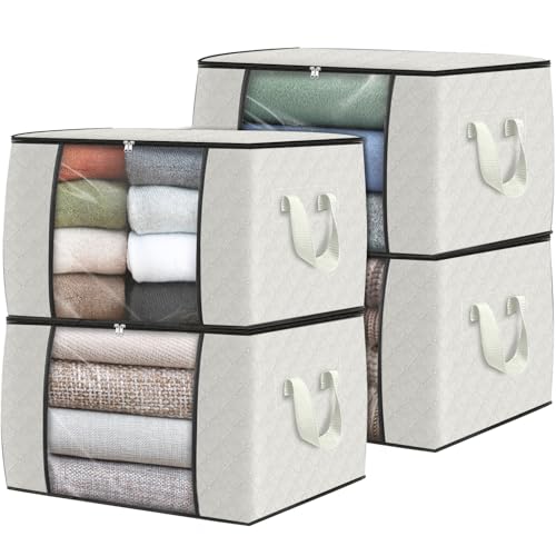 Fab totes 4 Pack Clothes Storage, Foldable Thick Fabric Blanket Storage Bags, Containers for Organizing Bedroom, Closet, Clothing, Comforter, Organization with Handle,Ivory White - Image 1
