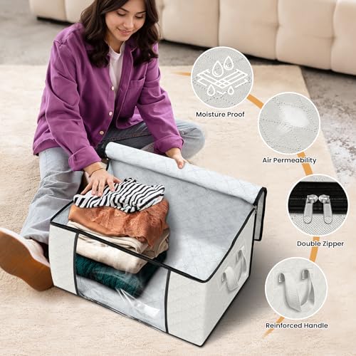 Fab totes 4 Pack Clothes Storage, Foldable Thick Fabric Blanket Storage Bags, Containers for Organizing Bedroom, Closet, Clothing, Comforter, Organization with Handle,Ivory White - Image 4