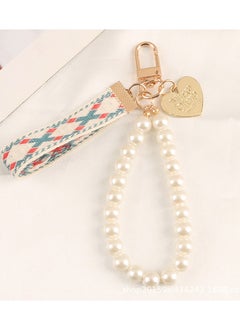 Generic Luxury Pearl Tassel Keychain,  Red, White, and Green Plaid Fabric, Faux Pearl Beaded Tassel, Gold Tone Metal with Heart Shaped Charm, Elegant and Classic Design, Ideal Accessory for Handbags, Purses, and Keys 