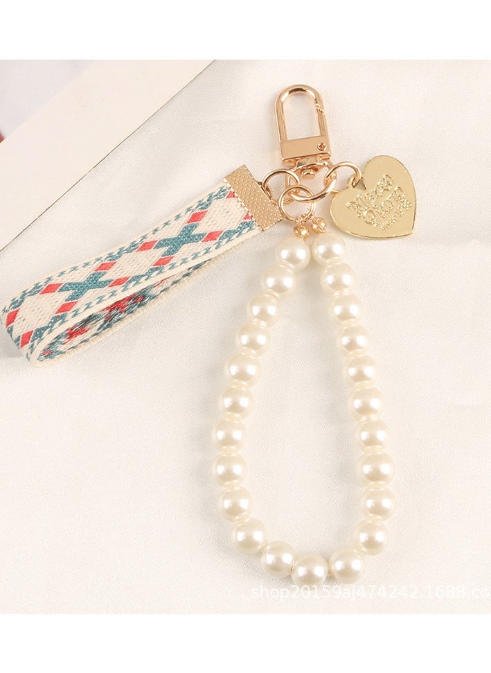 Generic Luxury Pearl Tassel Keychain,  Red, White, and Green Plaid Fabric, Faux Pearl Beaded Tassel, Gold Tone Metal with Heart Shaped Charm, Elegant and Classic Design, Ideal Accessory for Handbags, Purses, and Keys 