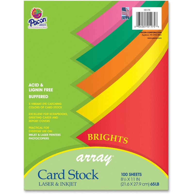 Pacon Card Stock Bright Assortment 5 Colors 812 x 11 100 Sheets