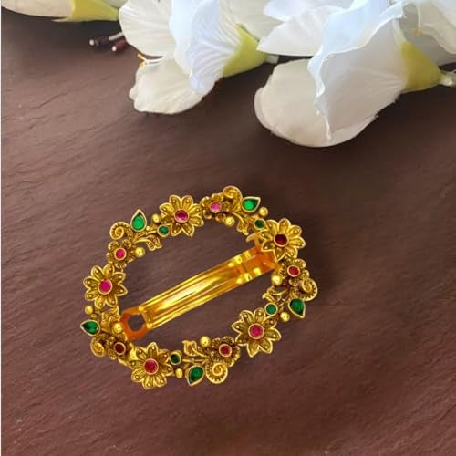 JWELLA Traditional Temple Design Gold-Plated Hair Barrette Clip (Round Shape Design) (Design 8) - Image 5