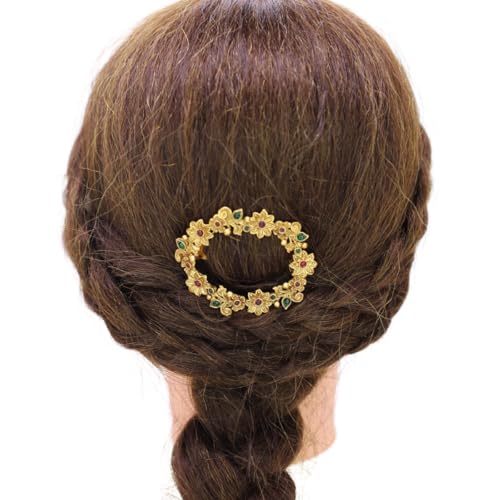 JWELLA Traditional Temple Design Gold-Plated Hair Barrette Clip (Round Shape Design) (Design 8) - Image 3