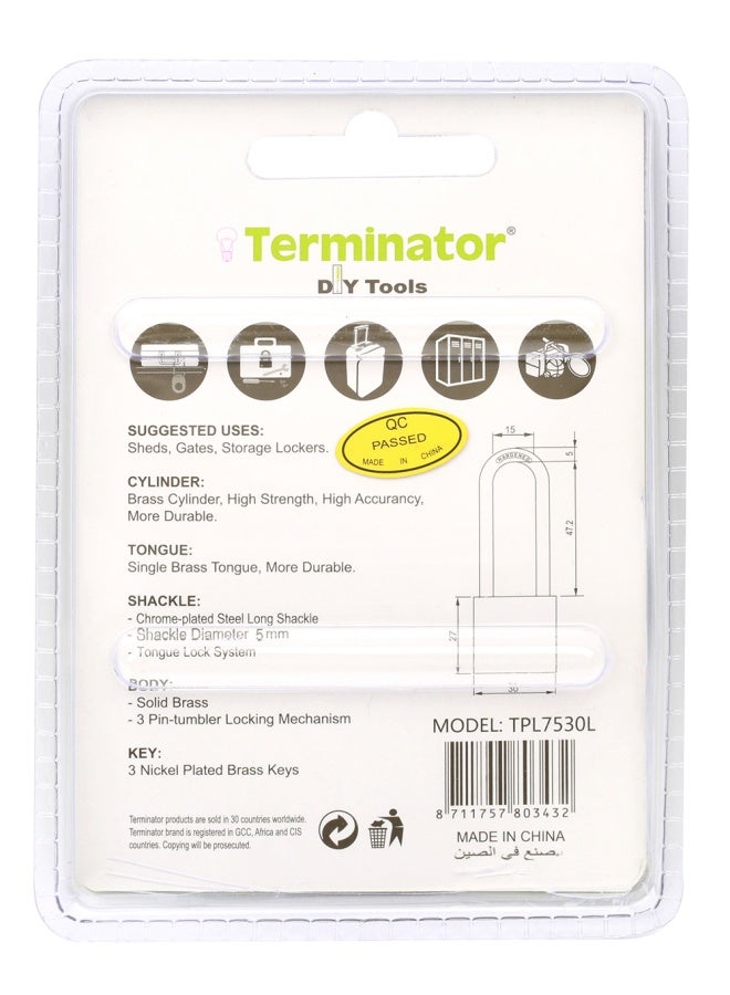 Terminator Terminator Brand Long Shackle Brass Pad Lock 30Mm With 3 Keys