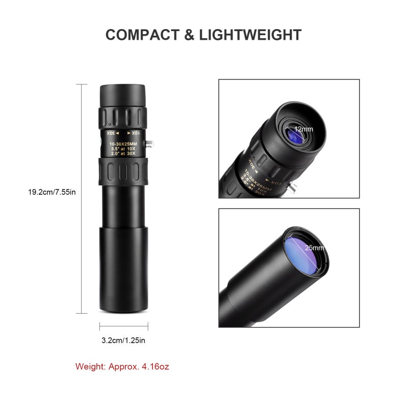 Compact Monocular Telescope: 10X-30X Zoom, BAK4 Prism FMC Green Lens - Easy Hand Wheel Adjustment, Portable Black Monocular for Hiking Bird Watching Wildlife Viewing - Image 5