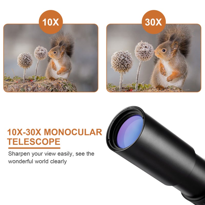 Compact Monocular Telescope: 10X-30X Zoom, BAK4 Prism FMC Green Lens - Easy Hand Wheel Adjustment, Portable Black Monocular for Hiking Bird Watching Wildlife Viewing - Image 2