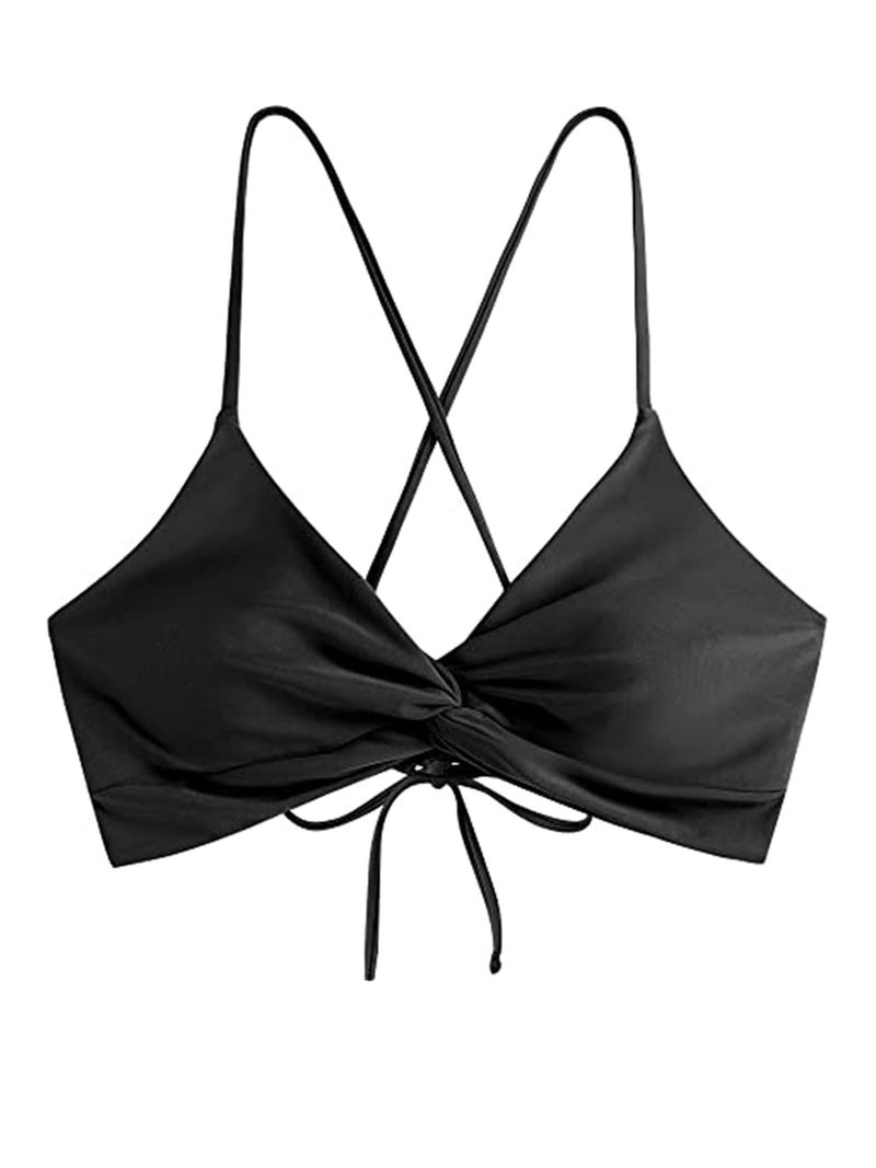 ZAFUL توب بيكيني زافول للنساء مع دفع للأعلى، توب سباحة مزين بأربطة، توب سباحة مبطن فقط باللون الأسود M - Image 2