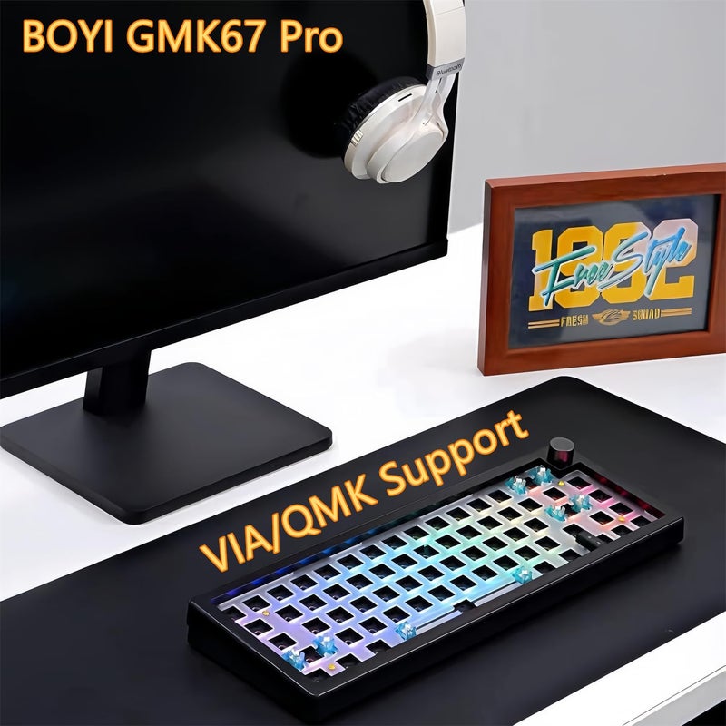 BOYI GMK67Pro Keyboard Barebones Kit,QMK/VIA Programmable BT5.0/2.4G/Type-C Tri-Mode Wireless RGB Gasket Mounted 65% Mini Custom RGB Mechanical Keyboard with Knob DIY Kit(Black) - Image 1