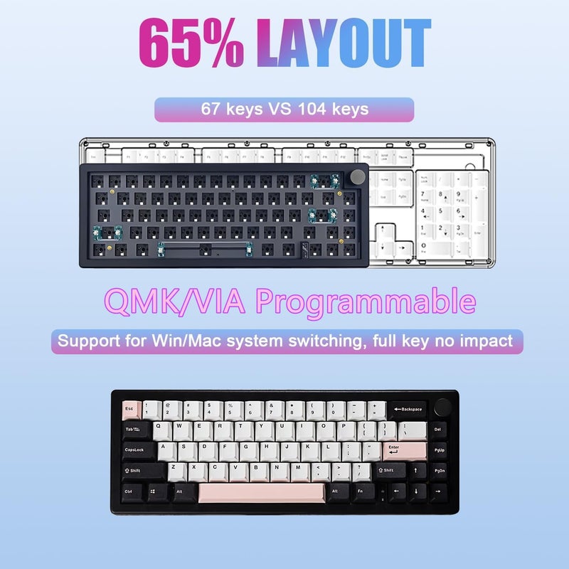 BOYI GMK67Pro Keyboard Barebones Kit,QMK/VIA Programmable BT5.0/2.4G/Type-C Tri-Mode Wireless RGB Gasket Mounted 65% Mini Custom RGB Mechanical Keyboard with Knob DIY Kit(Black) - Image 4