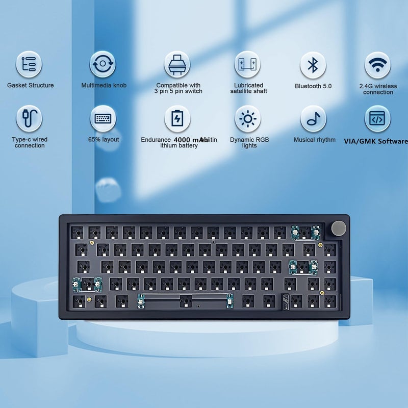 BOYI GMK67Pro Keyboard Barebones Kit,QMK/VIA Programmable BT5.0/2.4G/Type-C Tri-Mode Wireless RGB Gasket Mounted 65% Mini Custom RGB Mechanical Keyboard with Knob DIY Kit(Black) - Image 2