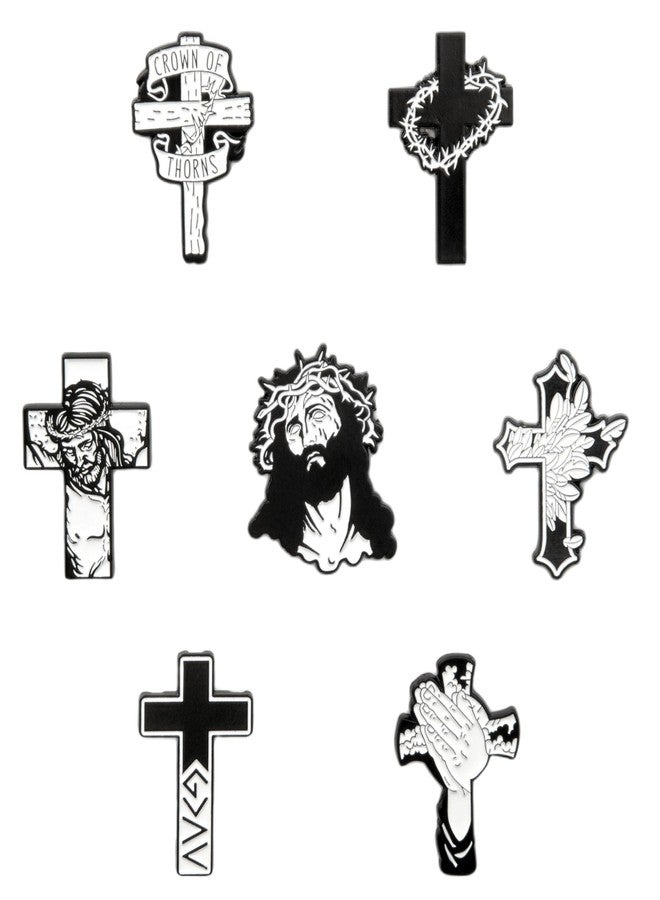 Great 1 Christian Enamel Pins, 7-Pack Cross Jesus Lapel Pin Set, Religious Faith Gifts, Black and White Designs with Secure Rubber Back - Image 1