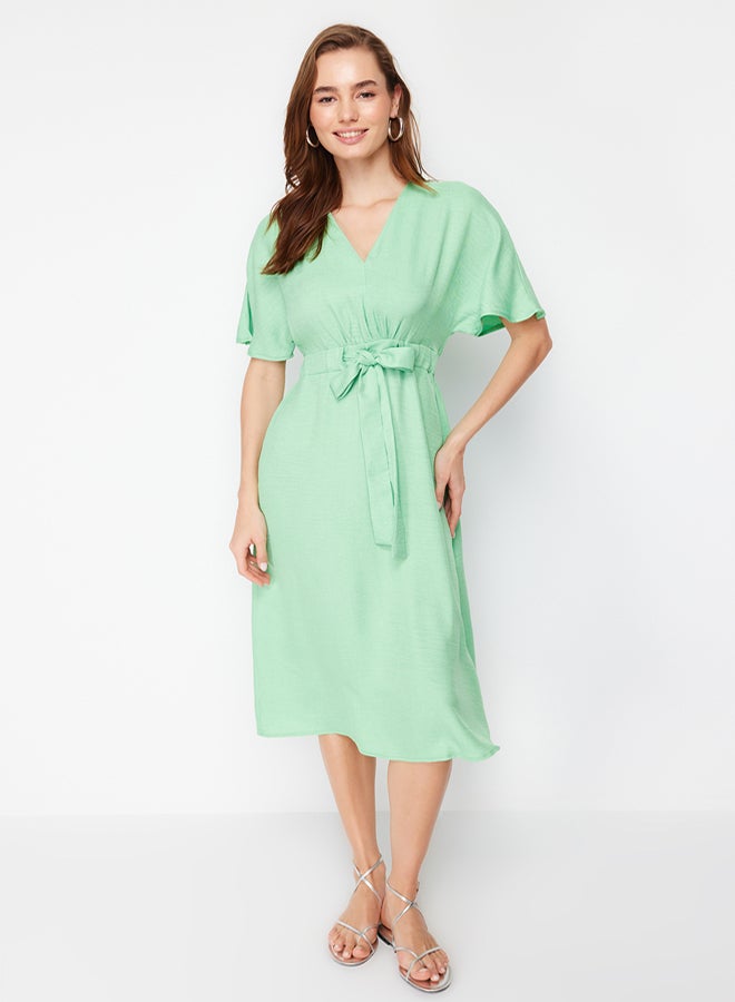 trendyol Green Tie Detailed A-line V-neck Midi Woven Dress - Image 1