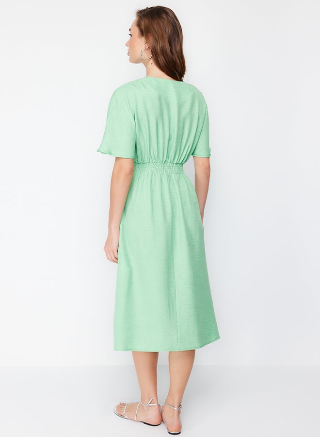 trendyol Green Tie Detailed A-line V-neck Midi Woven Dress - Image 5