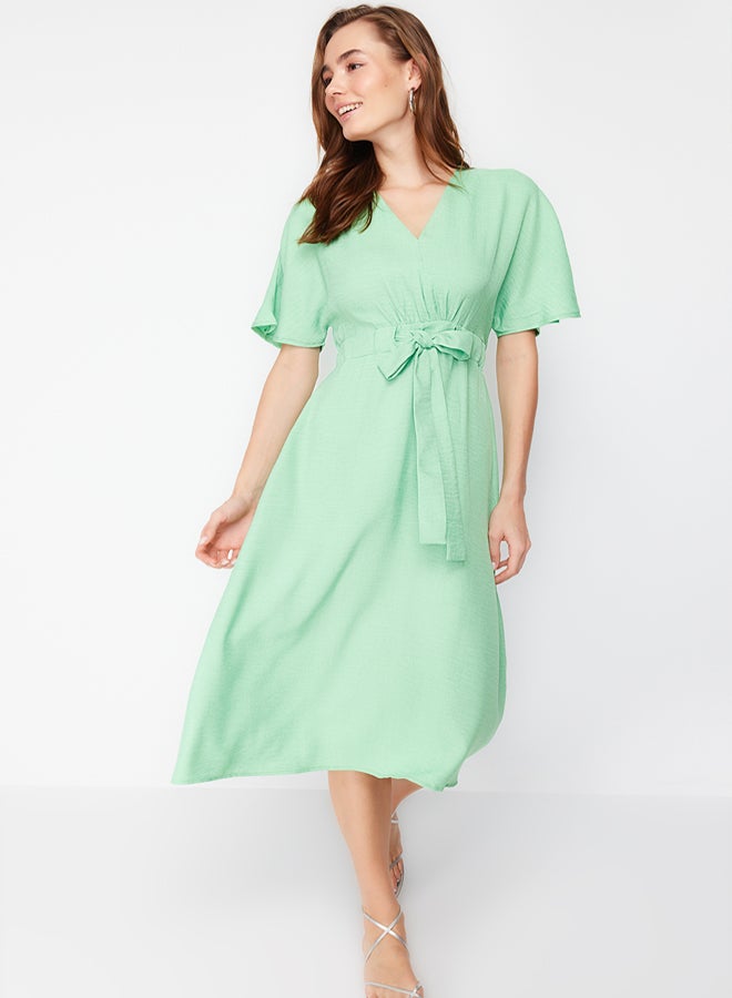 trendyol Green Tie Detailed A-line V-neck Midi Woven Dress - Image 2