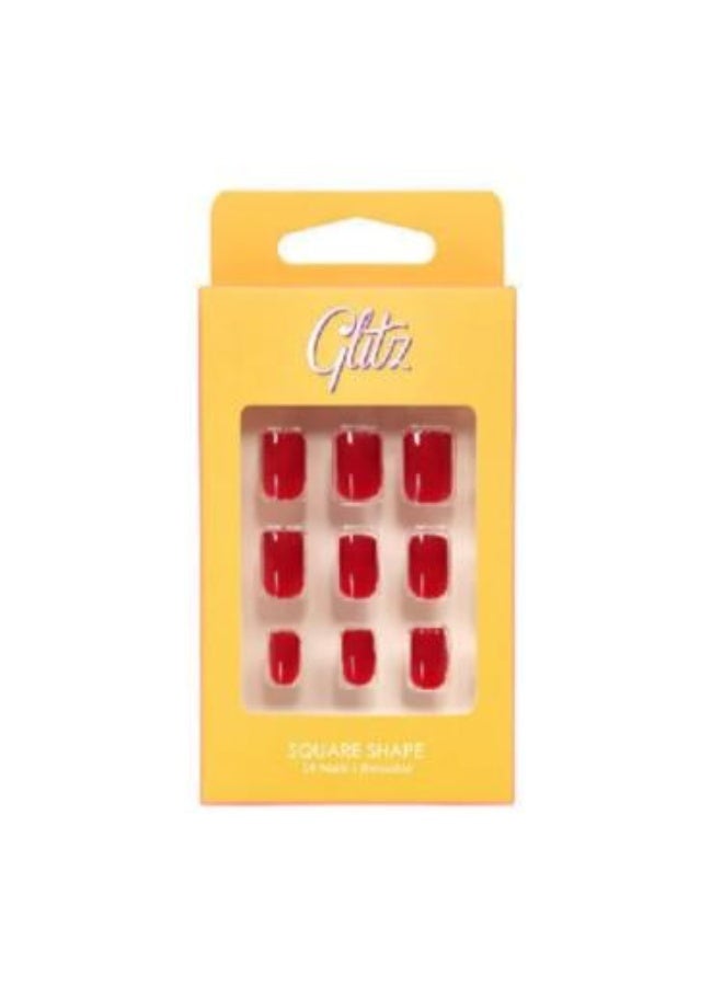 Glitz Self-Adhesive Artificial Nails, Square Shape, Red, 24 Pieces