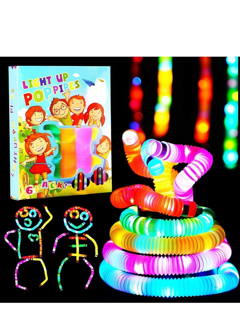 MIXDE 6 Pack Light Up Pop Tubes Fidget Toy Sensory Tubes Toddler Toys LED Pop Glow Sticks Glow in The Dark Party Supplies Party Bag Fillers for Kids  - Image 1