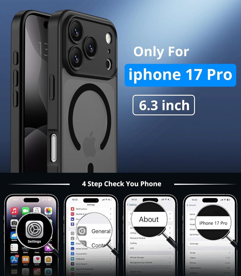 Vansdon Magnetic Case for iPhone 17 Pro with 1-Pack Tempered Glass Screen Protector, Compatible with MagSafe, Military-Grade Drop Protection, Slim Translucent Matte Shockproof Case - Black - Image 4