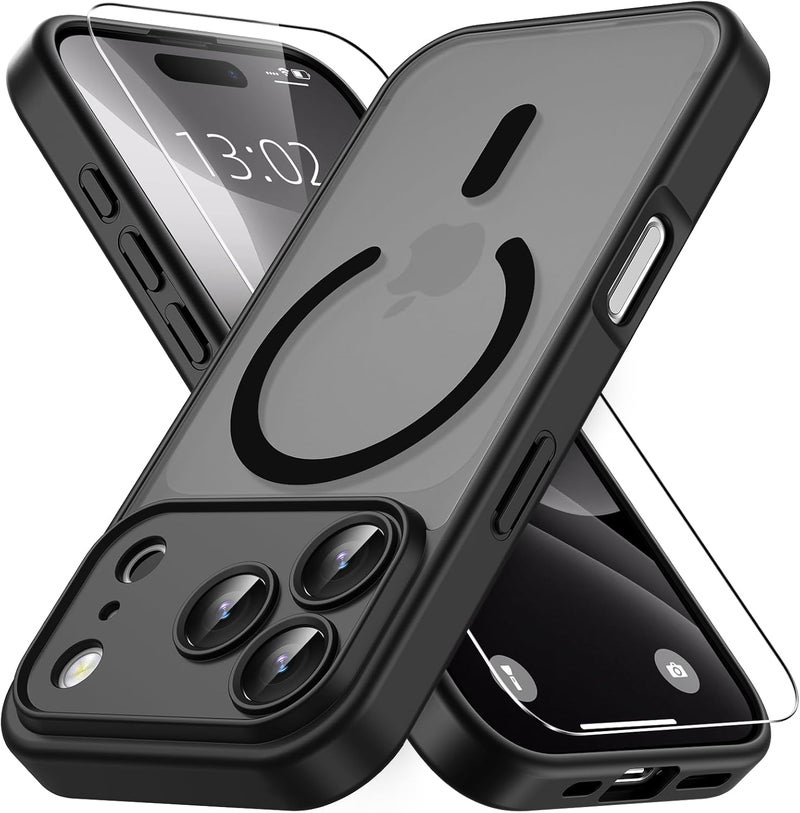 Vansdon Magnetic Case for iPhone 17 Pro with 1-Pack Tempered Glass Screen Protector, Compatible with MagSafe, Military-Grade Drop Protection, Slim Translucent Matte Shockproof Case - Black - Image 1