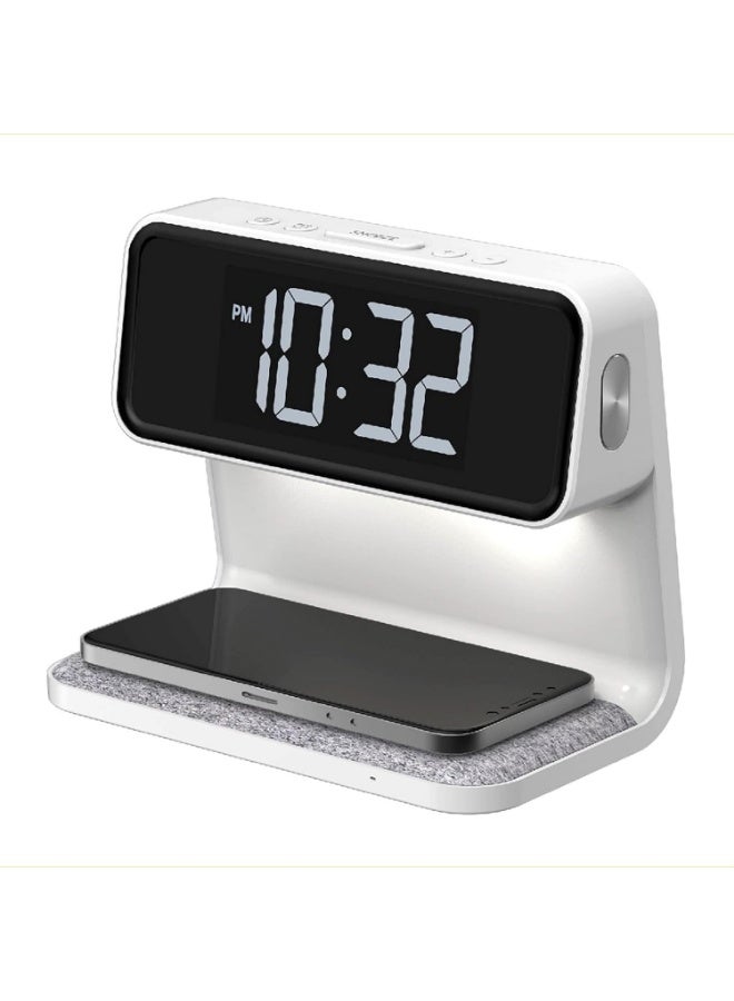 بروماس ساعة منبه رقمية LED ثلاثية الوظائف KP-626 مزودة بمرآة وشاحن لاسلكي وإضاءة ليلية قابلة للتعتيم باللون الأبيض
