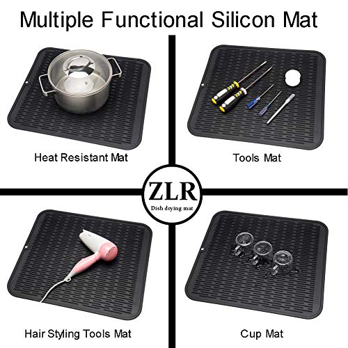 ZLR 2 Pcs Large Silicone Dish Drying Mat (16" x 18") - XL Heavy Duty Drainboard Mat for Pots, Pans & Family Loads - Heat Resistant Trivet & Counter Protector, Easy Clean (Black) - Image 5