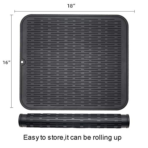 ZLR 2 Pcs Large Silicone Dish Drying Mat (16" x 18") - XL Heavy Duty Drainboard Mat for Pots, Pans & Family Loads - Heat Resistant Trivet & Counter Protector, Easy Clean (Black) - Image 2